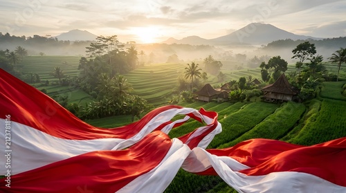 Red And White Fabric Indonesian independence Flag Waves at Indonesian Nature and Urban Landscape, made by Ai
