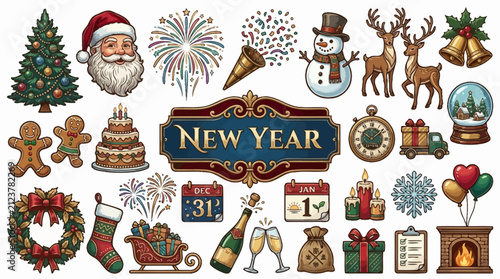 Vintage Christmas and New Year vector set, holiday clip art icons, festive winter design