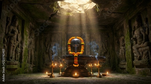 Ancient Shiva Lingam in temple with Floral Offerings, made by Ai