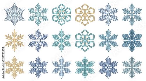Vintage snowflake vector set, 18 winter ice crystal icons, blue and gold frozen shapes