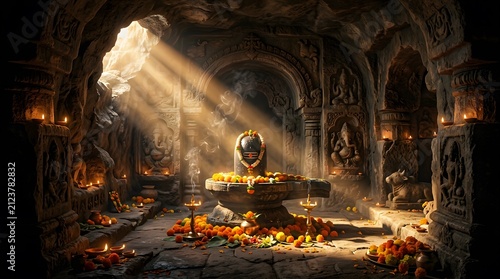 Ancient Shiva Lingam in temple with Floral Offerings, made by Ai