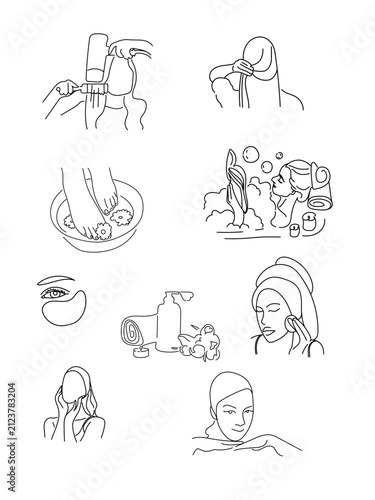 Minimalist line art vector set of self-care, spa, and beauty routine illustrations. Continuous line drawings featuring women taking a bubble bath, hair blow-drying, foot soaking, applying skincare pro