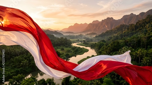 Red And White Fabric Indonesian independence Flag Waves at Indonesian Nature and Urban Landscape, made by Ai