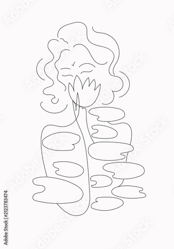 Minimalist line art illustration of a woman holding a lily flower, surrounded by water lily pads. Clean continuous line drawing vector featuring a peaceful female silhouette with closed eyes. Ideal fo