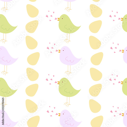 Adorable spring seamless pattern featuring stylized birds chirping hearts and decorative pastel yellow eggs arranged in vertical stripes. Whimsical hand-drawn vector repeating tile in soft pastel tone
