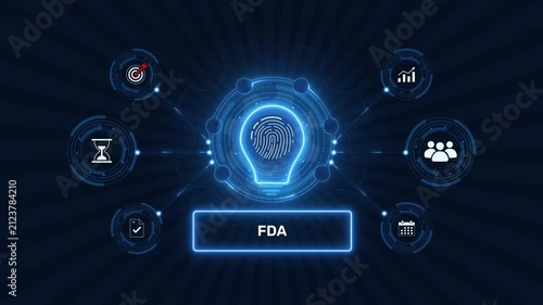FDA regulatory approval and healthcare compliance system graphic loop with glowing biometric fingerprint icon on dark technology background