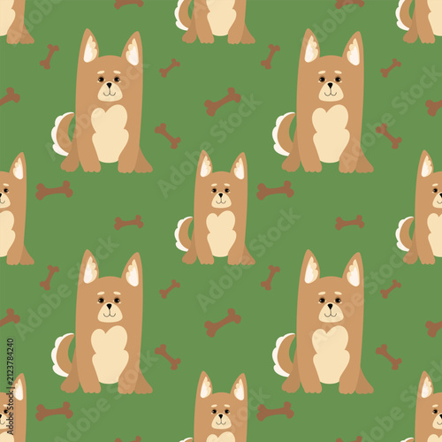 Cute seamless pattern with adorable cartoon dogs and bones on a green background. Flat vector illustration of happy sitting puppies. This childish repeating texture is perfect for kids' apparel, nurse