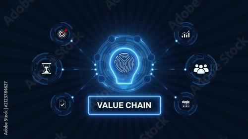 Business value chain optimization and supply chain graphic loop with glowing biometric fingerprint icon on dark technology background asset