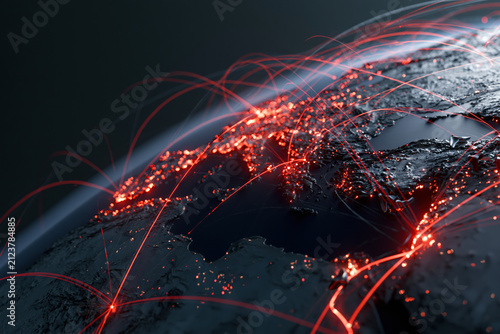 Network connections over Europe and Middle East glowing with red light on dark globe, symbolizing global communication and data transfer in high tech digital world