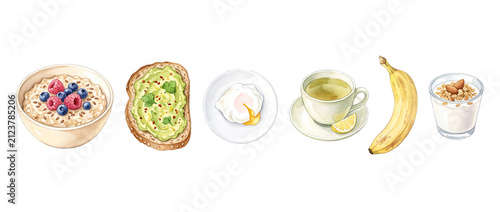 Healthy breakfast food watercolor illustration set of avocado toast, poached egg, porridge bowl, tea, banana, and yogurt parfait isolated on black background for organic meal menu design context.