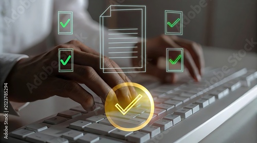 A close-up view of hands holding a pen ready to approve documents, illustrated with colorful checkmark icons, representing meticulousness in project management and team collaboration.AI