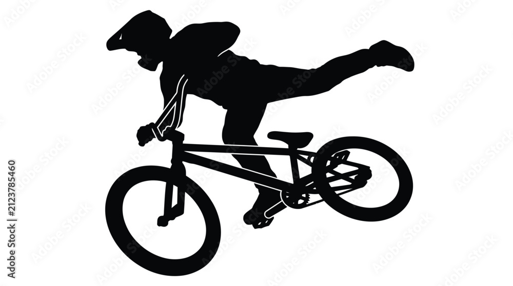 Fototapeta premium Black silhouette of a bmx rider performing an aerial stunt with stylized artistic graphic design