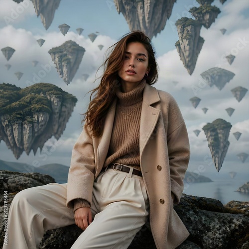 fashion portrait of a model styled in fall outfit surreal background