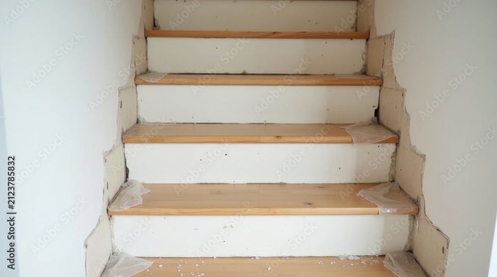 Obraz premium Primer plano de una escalera en proceso de renovación, con peldaños de madera sin acabar, protecciones y trabajos de reforma