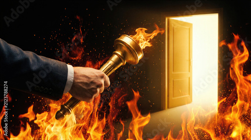 Businessman holds a burning golden torch toward open door glowing with bright light. Flames surround the path as a symbol of hope, courage, and guidance leading to opportunity, freedom, and a future.