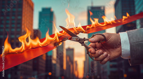 Businessman in a suit cuts a burning red ribbon with scissors at a grand opening ceremony. Flame symbolizes breaking through bureaucracy and barriers to launch a new corporate enterprise in the city.