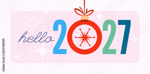 2027 hello new year retro 60s vintage typography lettering with сhristmas tree ball