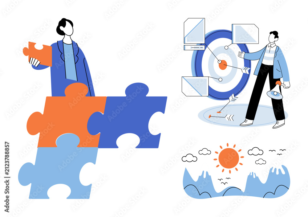Fototapeta premium People solving puzzles and hitting targets vector illustration. Teamwork, problem solving, goal setting, business strategy, success, planning. Employees connecting pieces and aiming at bullseye