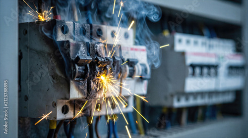 Dangerous electrical short circuit with sparks and smoke on a burning fuse board. Overloaded breaker and melting wires create a fire hazard on industrial distribution panel. Power failure and safety