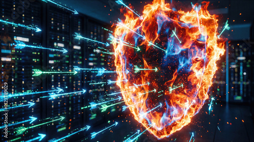 Firewall protection blocks incoming cyber attack arrows against a data center server infrastructure. Network security and defense system safeguard digital information from malware threats and hacker