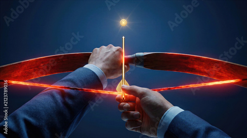 Businessman aiming a glowing bow and arrow toward a distant target. Strategy, focus and precision drive business success. Ambition, goal and achievement guide the professional vision mission forward.