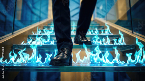 Businessman in a formal suit and leather shoes walks up a glass staircase engulfed in blue flames. Bold reflects ambition, courage, determination, and career success as climbs forward through
