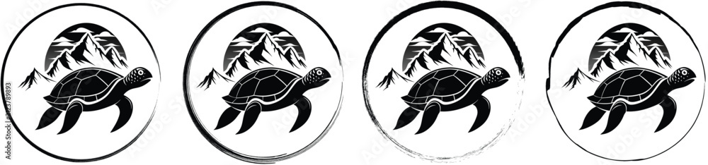 Fototapeta premium Four circular featuring a black silhouette of a turtle in front of mountains, each enclosed in a different circular border
