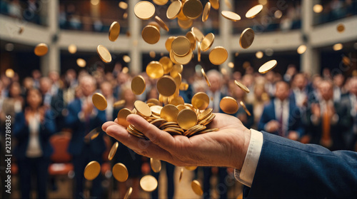 Businessman catching falling gold coins in his palm before audience. Wealth, money, and financial success in business. Investment profit, rich fortune, and prosperity concept with cash currency