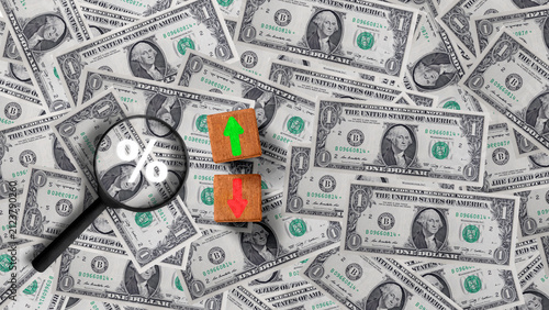 A magnifying glass showing a percent sign next to up and down wooden arrows on US dollar bills, depicting interest rates, inflation, and financial analysis. Concept of business growth or finance