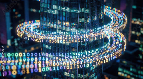 Binary code data stream flowing around a modern skyscraper. Digital information network and encrypted technology for business analytics. City computing and cyber innovation.