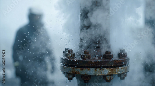 Old rusty flange with corroded bolts and nuts connects industrial pipe as steam and water leak under pressure. Worker stands blurred in the background at a heavy factory plant during maintenance in