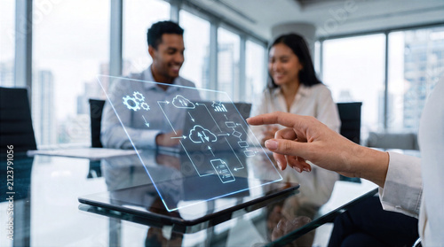 Cloud computing and data automation workflow on a modern tablet interface. Business professionals in office meeting discuss digital transformation, network integration, and smart analytics