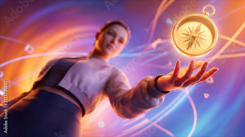 Woman reaches toward a glowing golden compass that floats above her palm, symbolizing direction, navigation, and the search for a future path. Visual of guidance, motivation, and the journey goals