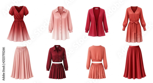 Collection of elegant women clothing in red and pink shades including dresses, skirts, blouses and jackets isolated on white background