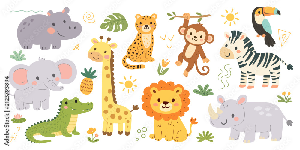 Obraz premium Vector illustration set of cartoon safari animals characters, doodle elements, flowers and plants. Cute bundle for creating kids prints, patterns, cards and any children designs