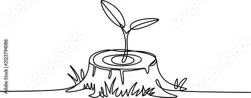 Continuous line drawing of a small new plant growing from a tree stump