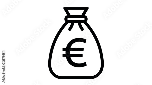 Black line art money bag with euro symbol, isolated on transparent background