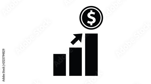 Black bar graph with upward arrow and dollar coin, isolated on transparent background