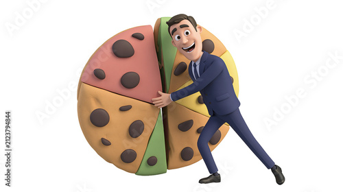 Smiling businessman pushing a colorful pie chart with chocolate chips, isolated on transparent background