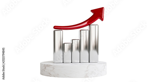 Shiny silver bar graph with red arrow pointing up, isolated on transparent background