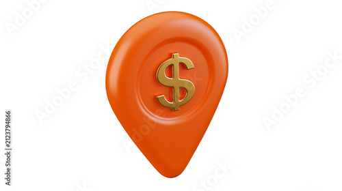 Shiny orange location pin with golden dollar symbol, isolated on transparent background