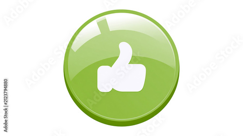Glossy green circle with white thumbs up symbol, isolated on transparent background