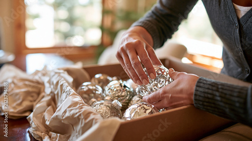 Fotografie Elegant box of fine glass and crystal ornaments being unpacked on a polished mah
