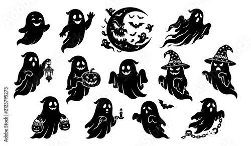 Cuadro en lienzo Ghost Silhouette Icon Set with Spooky Bats, Moon, and Haunted House Elements for