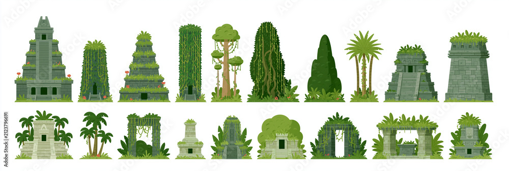 Obraz premium Collection of ancient ruins surrounded by lush green vegetation and tropical plants.