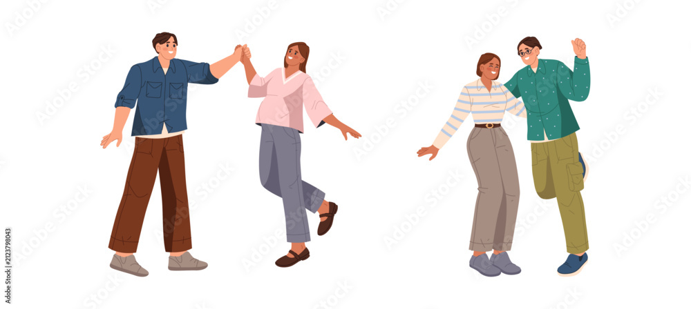 Obraz premium Happy family, expectant couple dancing and celebrating good news. Vector isolated man and woman with cheerful faces. Celebration and fun, spending time with spouse. Wife and husband in love