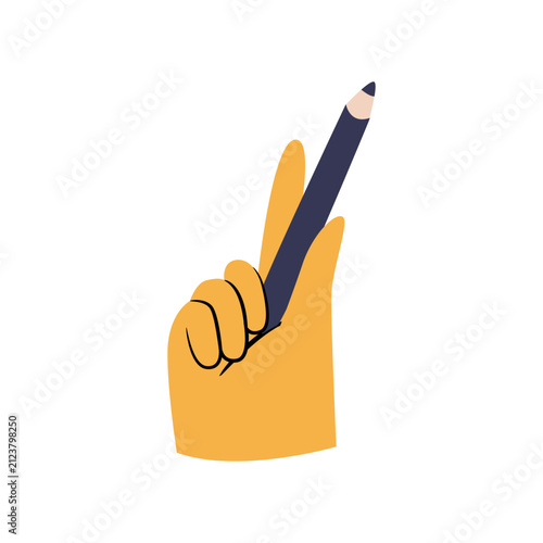 Writer or journalist hand holding pencil in hand. Vector in flat style, isolated personage arm with pen for writing or signing document. Business and creativity, artist drawing tools equipment