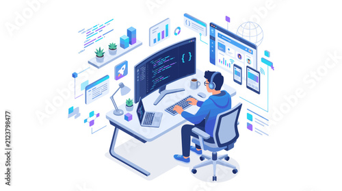 Isometric Software Developer Working on Coding Project