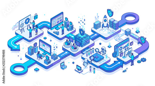 Isometric Cybersecurity and Software Development Process Infographic