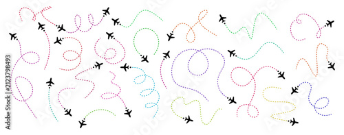 Air routes and plane icons. Dotted lines, directional paths and destination markers for aviation and tourism. Aircraft navigation symbols. Vector curved and straight trajectories set